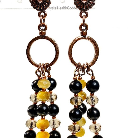 Shungite + Smokey Quartz + Tiger Eye Antique Copper Chandelier Earrings - Picture 6 of 6